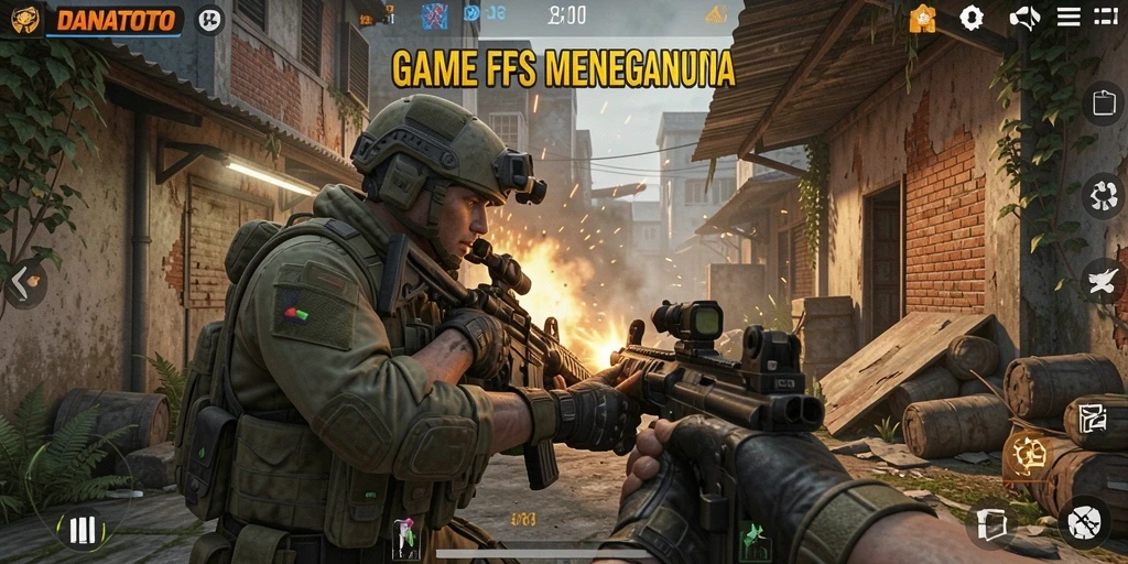 Screenshot menampilkan aksi seru gameplay FPS dan pertempuran intens.