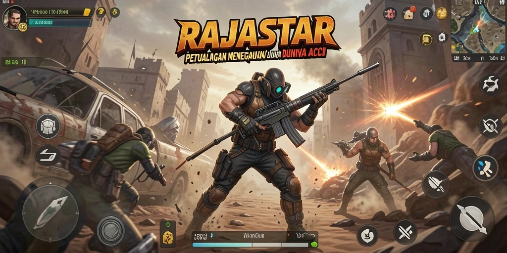 Tampilan gameplay penuh aksi dalam RAJASTAR yang mendebarkan.